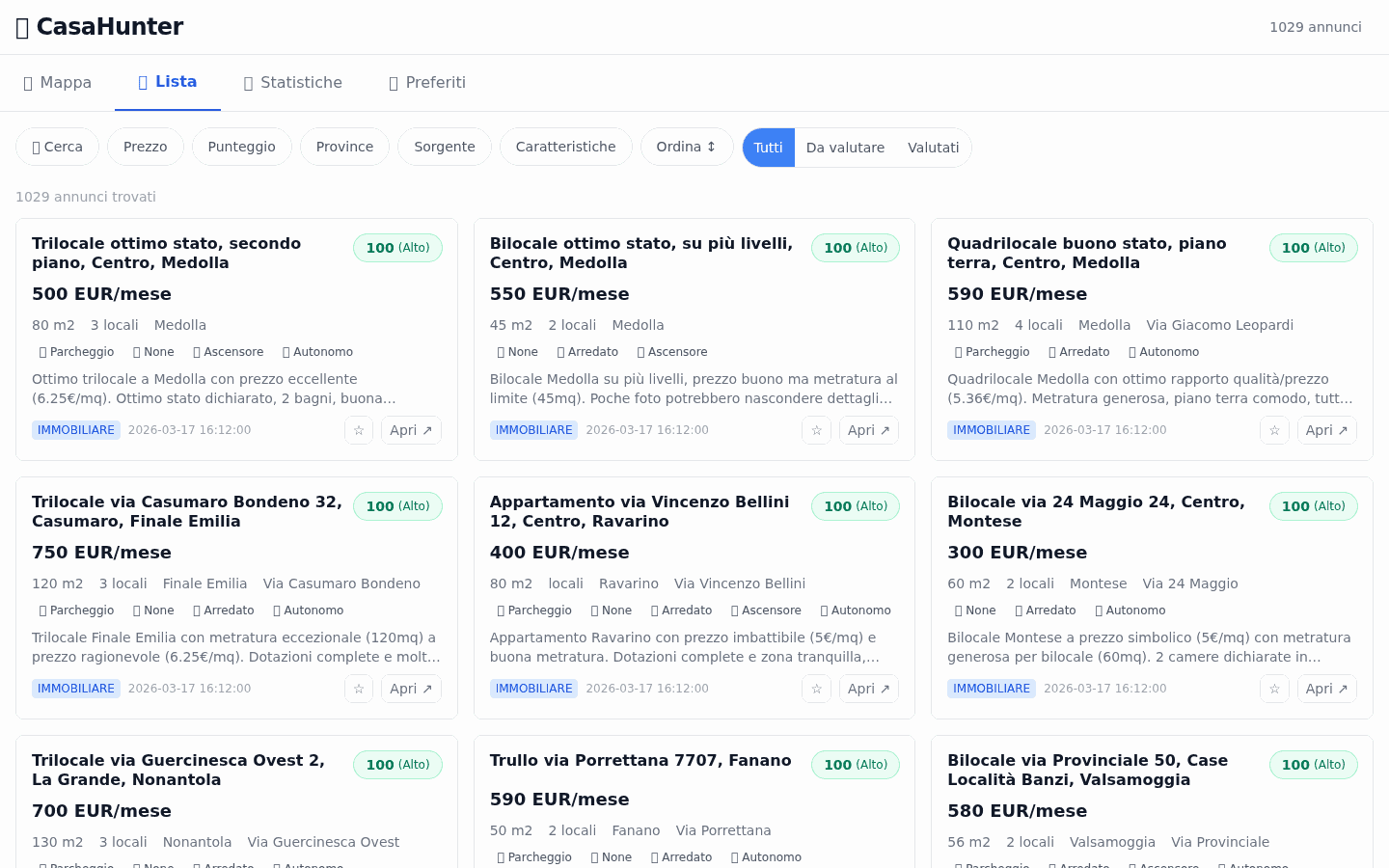 CasaHunter v1 dashboard — List view with AI scoring cards, 100 High scores