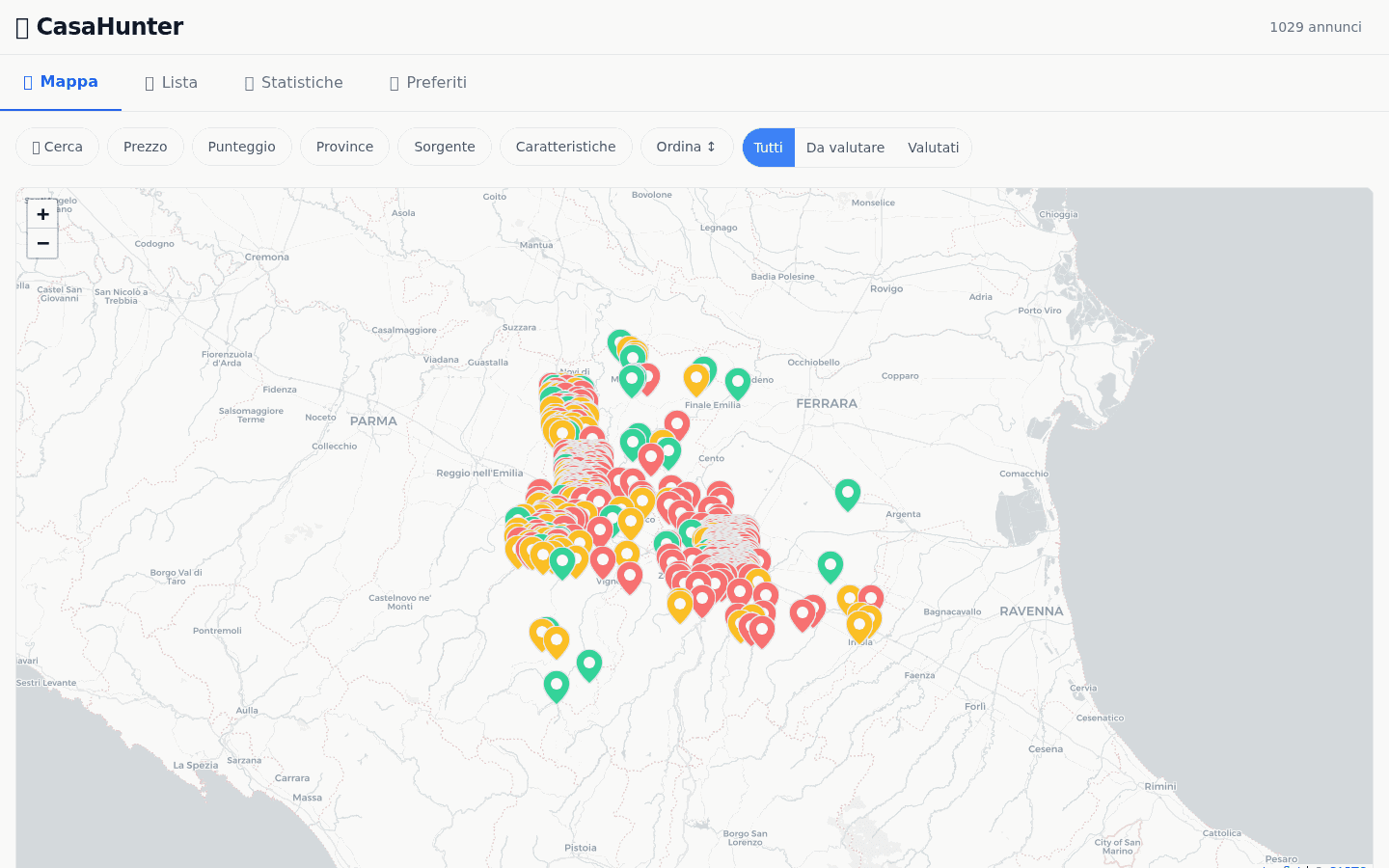 CasaHunter v1 dashboard — Map view with 1029 score-colored listings across Emilia-Romagna